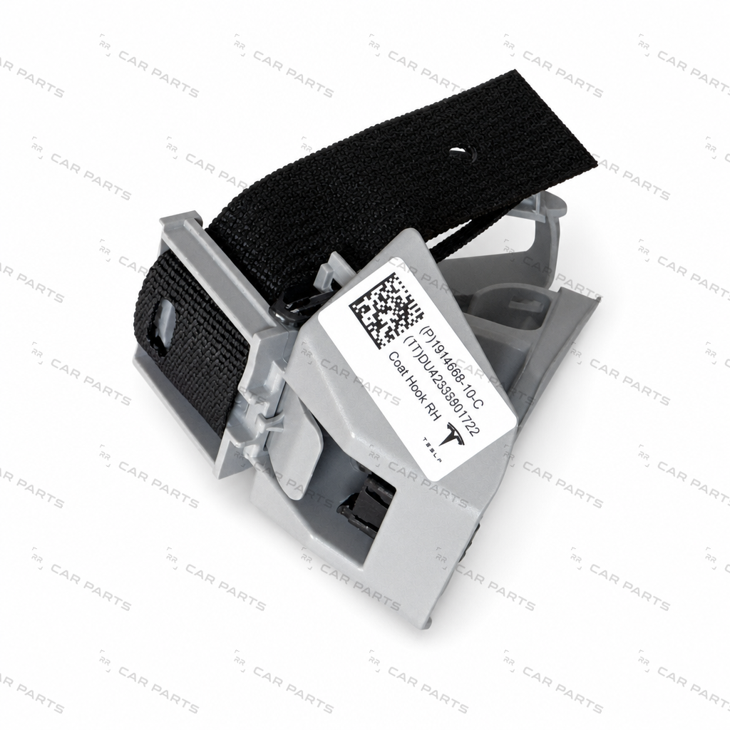 Real part photo: 1914669 - 1914669-10-D - COAT HOOK ASSEMBLY - POLAR GREY - RIGHT HAND for Model 3 (Sep 2023) Highland - RR CAR PARTS