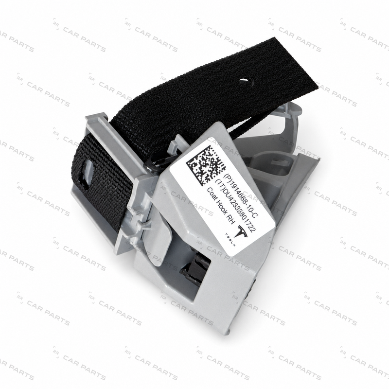 Real part photo: 1914669 - 1914669-10-D - COAT HOOK ASSEMBLY - POLAR GREY - RIGHT HAND for Model 3 (Sep 2023) Highland - RR CAR PARTS