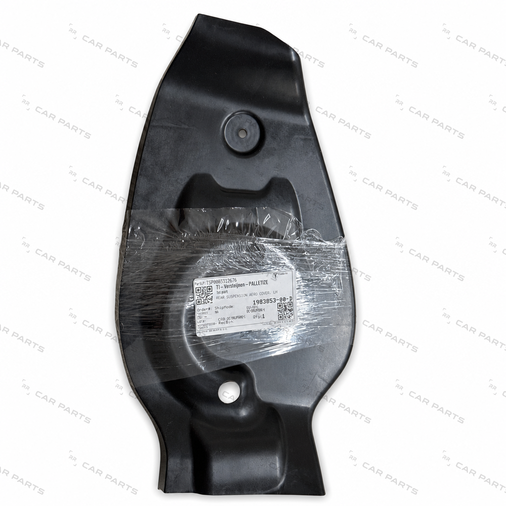 Real part photo: 1983853 - 1983853-00-D - REAR SUSPENSION AERO COVER - LEFT HAND for Model Y Juniper - RR CAR PARTS